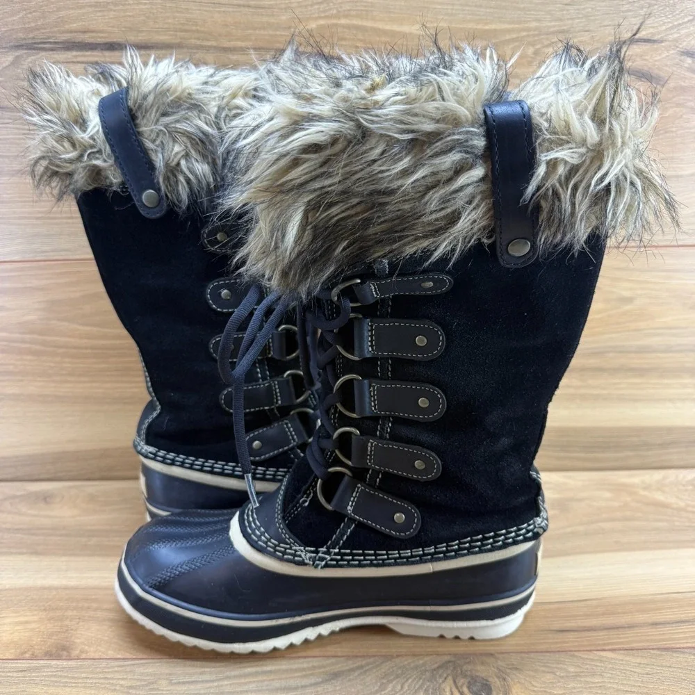 Sorel Joan Of Arctic Waterproof Snow Boots 7 Black Suede Faux Fur Tall Gorpcore